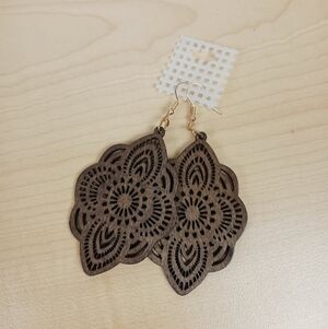 Laser Cut Wooden Lace Earrings Boho Dangle Jewelry Filigree Dark Wood